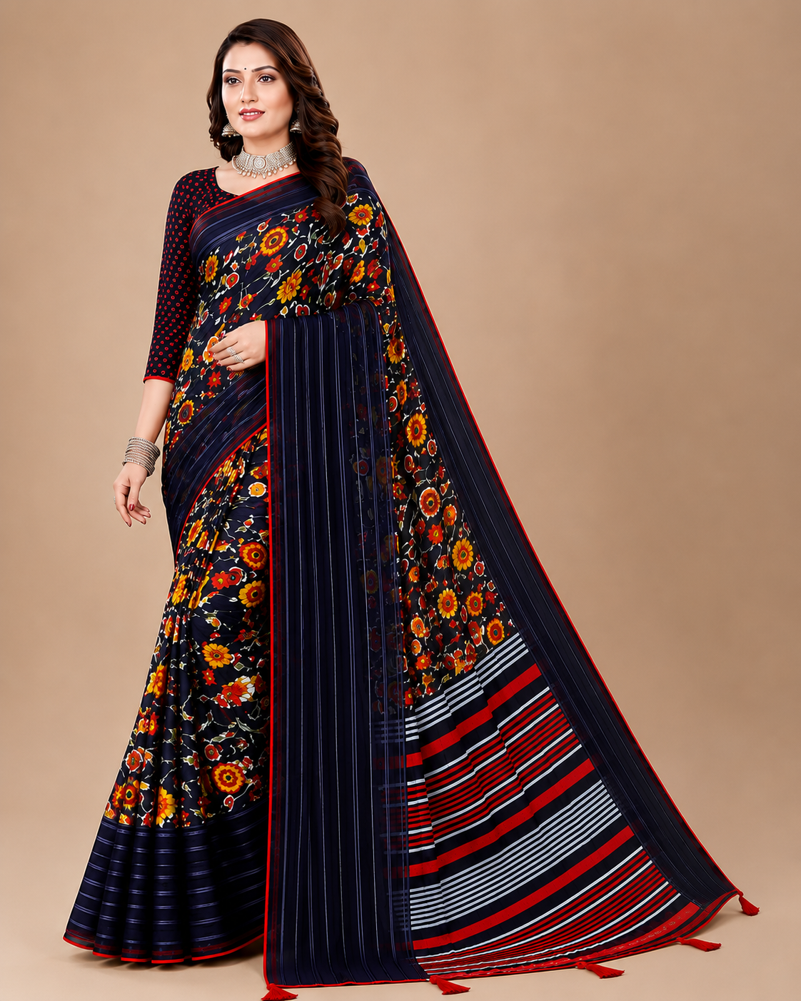 Black Floral Printed Georgette Saree with Tassel Pallu
