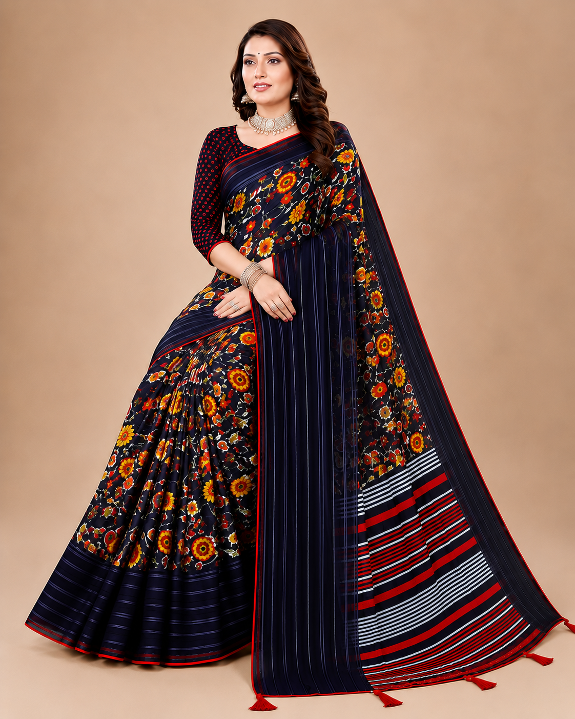 Black Floral Printed Georgette Saree with Tassel Pallu
