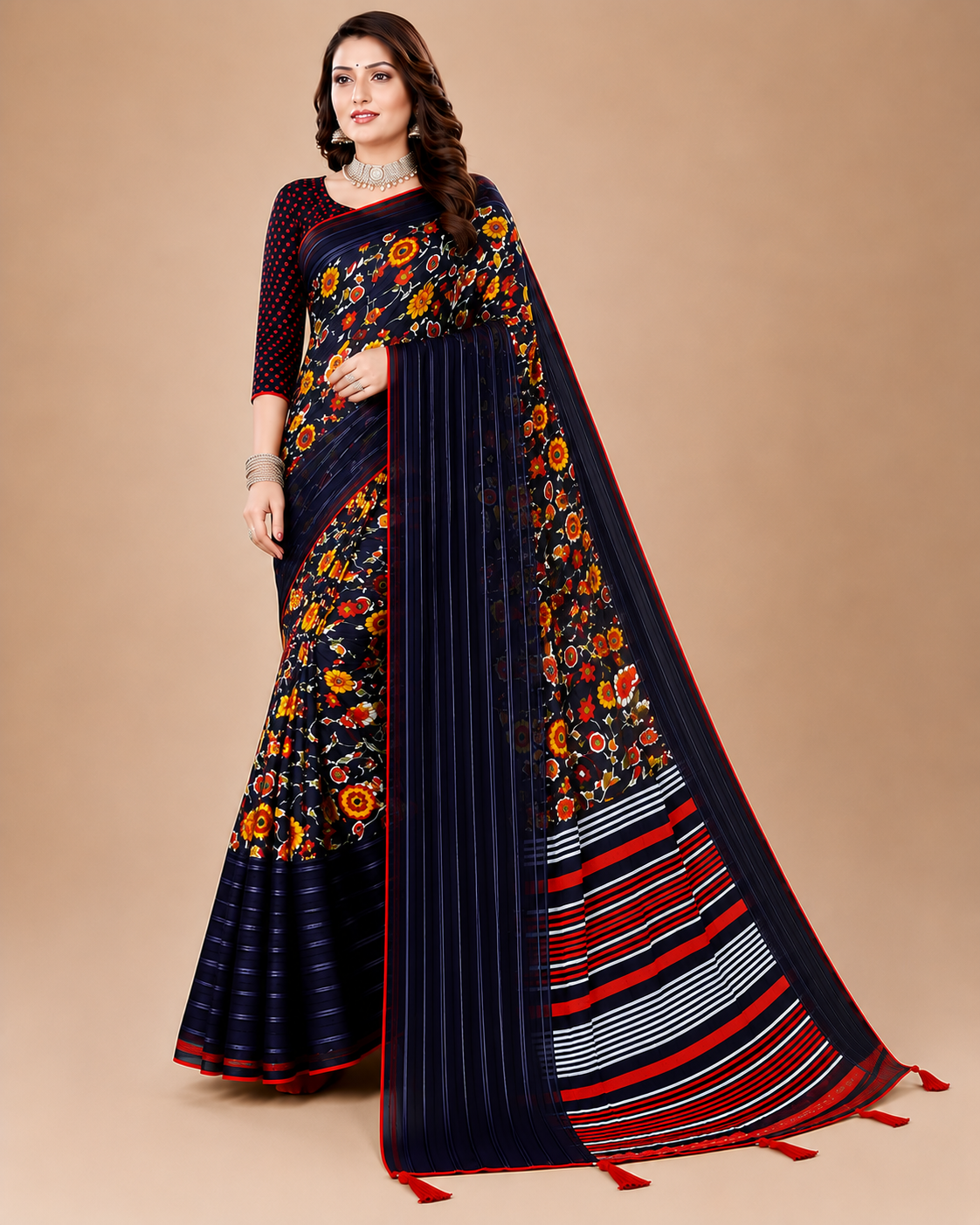 Black Floral Printed Georgette Saree with Tassel Pallu