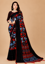 Black Geometric Printed Georgette Saree with Tassel Pallu