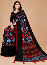 Black Geometric Printed Georgette Saree with Tassel Pallu