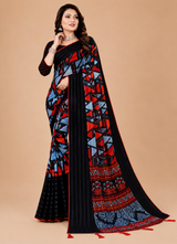Black Geometric Printed Georgette Saree with Tassel Pallu