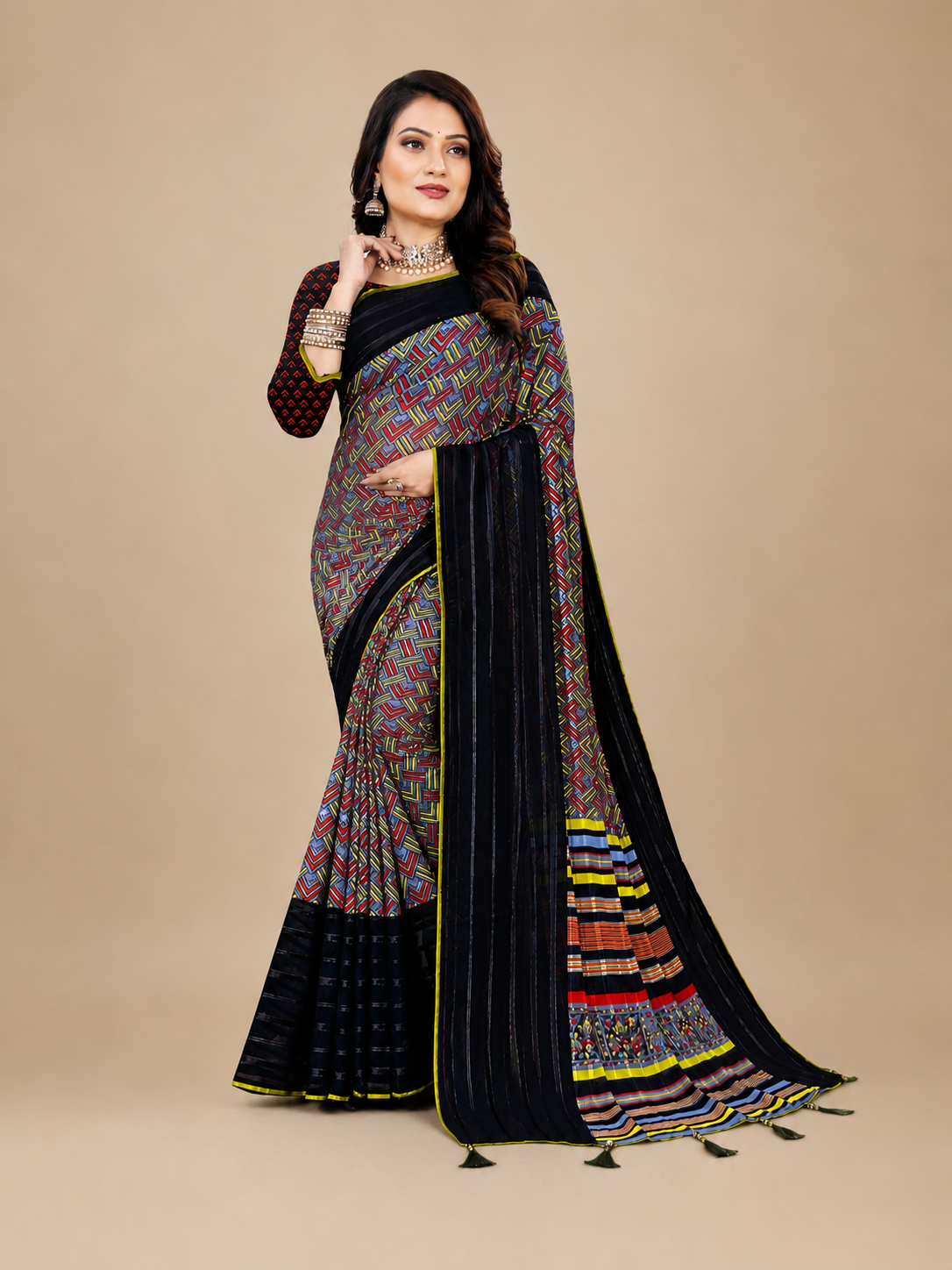 Black Printed Georgette Saree with Tassel Pallu