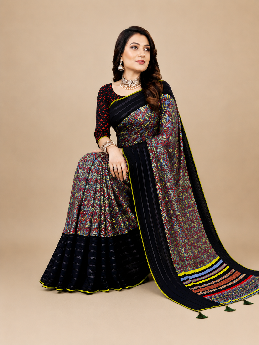 Black Printed Georgette Saree with Tassel Pallu