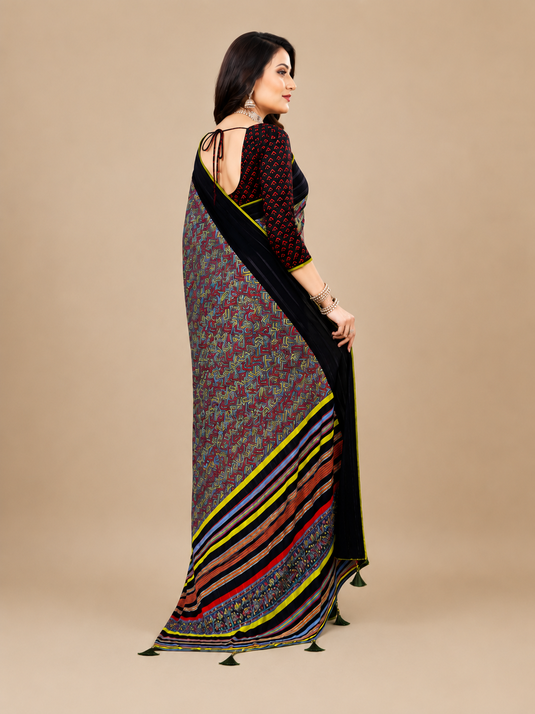 Black Printed Georgette Saree with Tassel Pallu