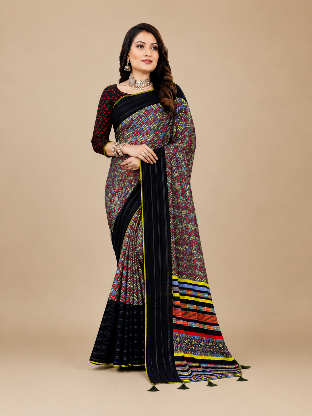 Black Printed Georgette Saree with Tassel Pallu