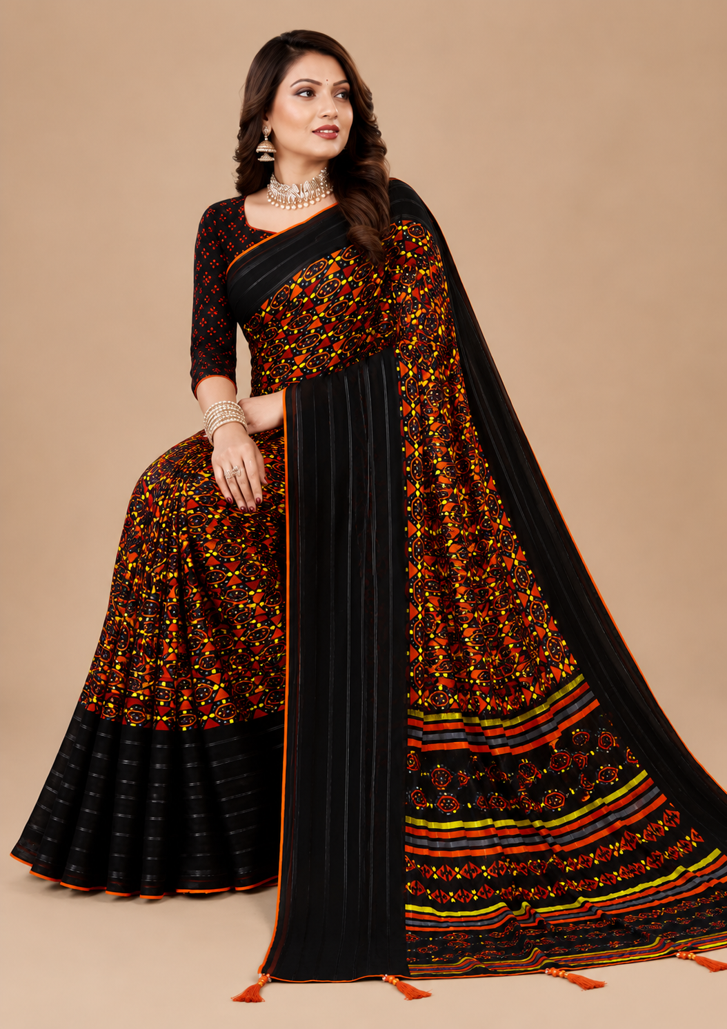 Black Orange Printed Georgette Saree with Tassel Pallu