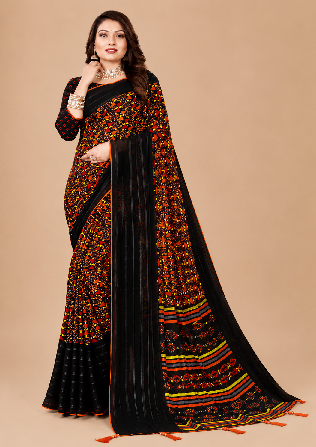 Black Orange Printed Georgette Saree with Tassel Pallu