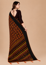 Black Orange Printed Georgette Saree with Tassel Pallu