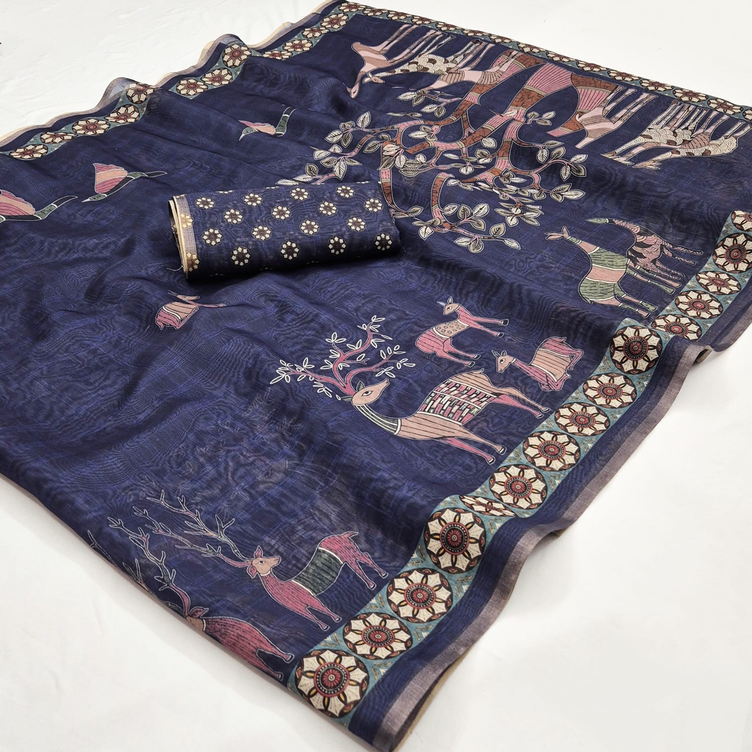 Chanderi Linen Saree with Designer Print & Woven Border-4 Pcs Set.