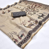 Chanderi Linen Saree with Designer Print & Woven Border-4 Pcs Set.