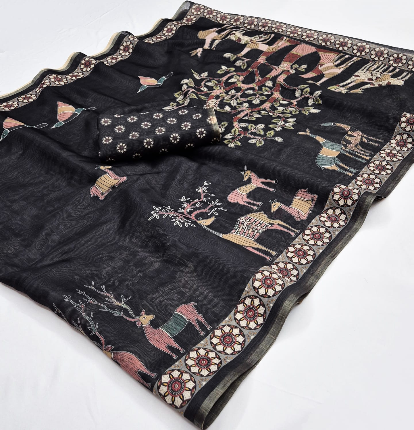 Chanderi Linen Saree with Designer Print & Woven Border-4 Pcs Set.