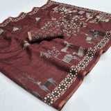 Chanderi Linen Saree with Designer Print & Woven Border-4 Pcs Set.