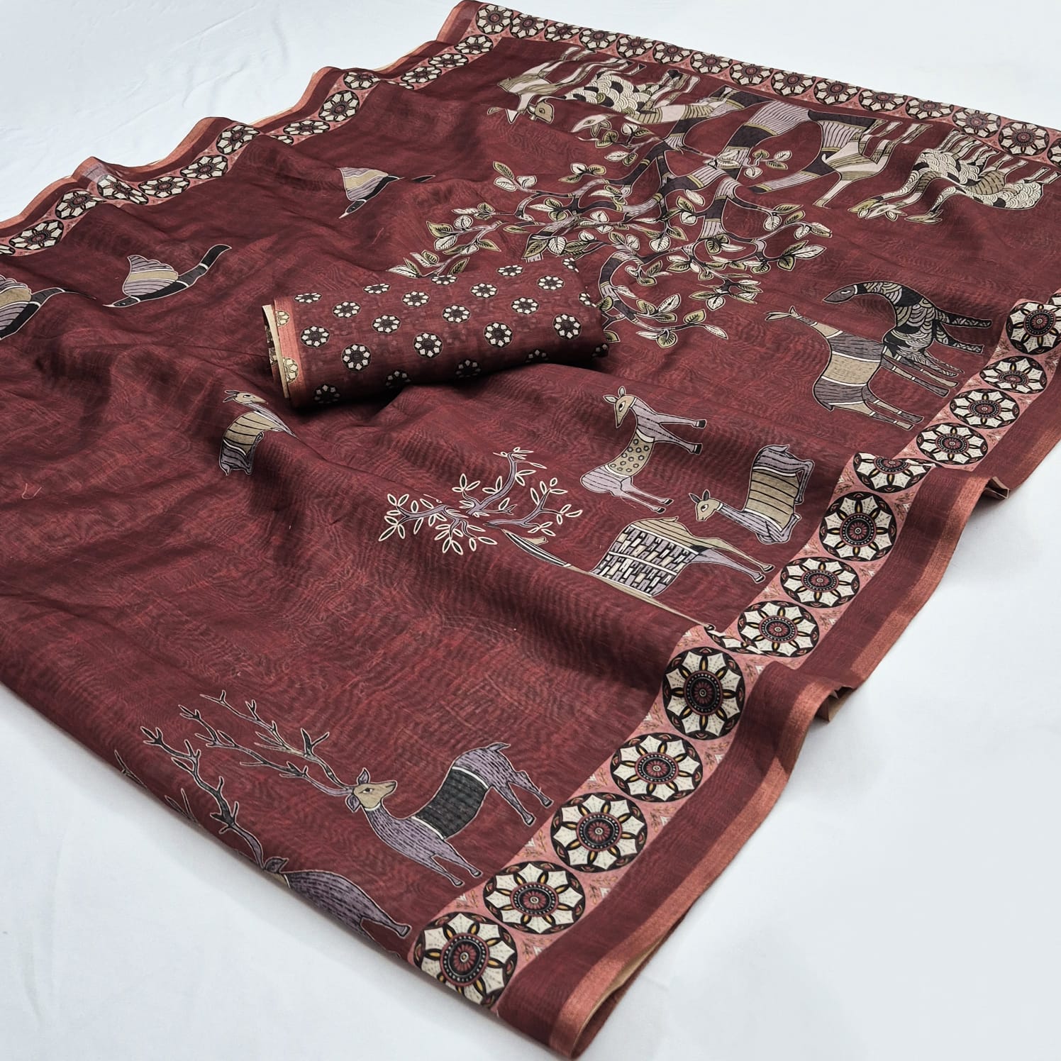 Chanderi Linen Saree with Designer Print & Woven Border-4 Pcs Set.