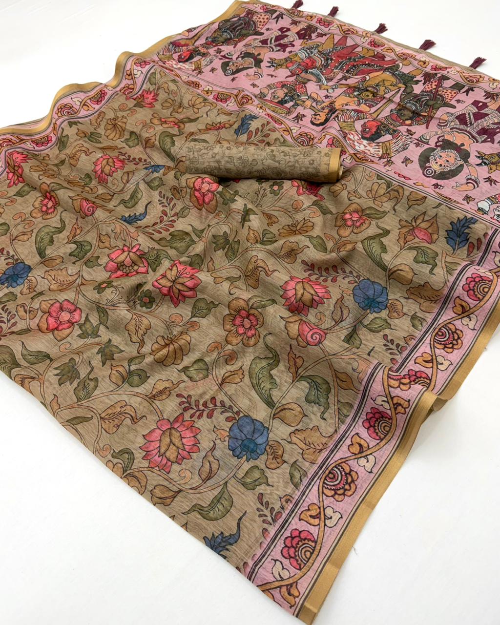 Kazari Series - Chanderi Linen Designer Print Saree