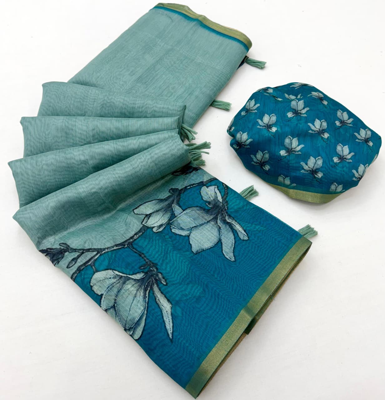 RajYog Kazari Series Chanderi Linen Saree - Designer Print & Weaving Border