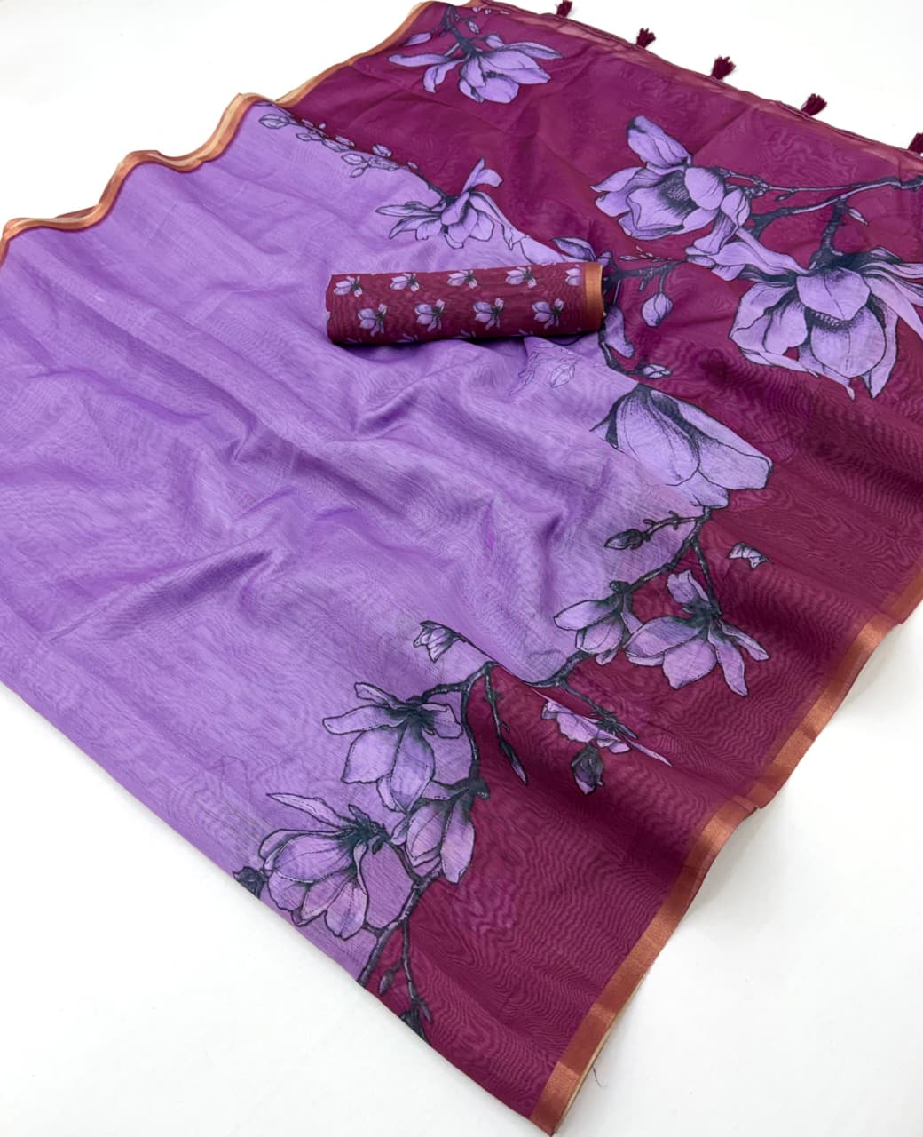 RajYog Kazari Series Chanderi Linen Saree - Designer Print & Weaving Border