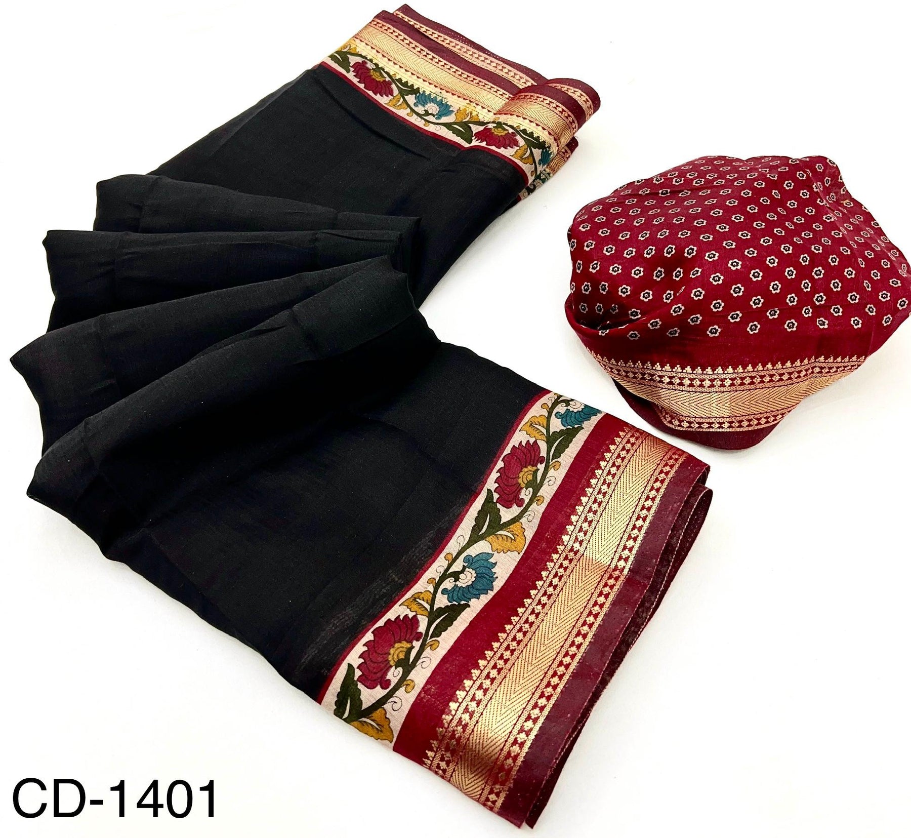 RajYog Chandrama Soft Mul Cotton Saree with Kalamkari Pallu & Zari Border - 4 Pcs Set