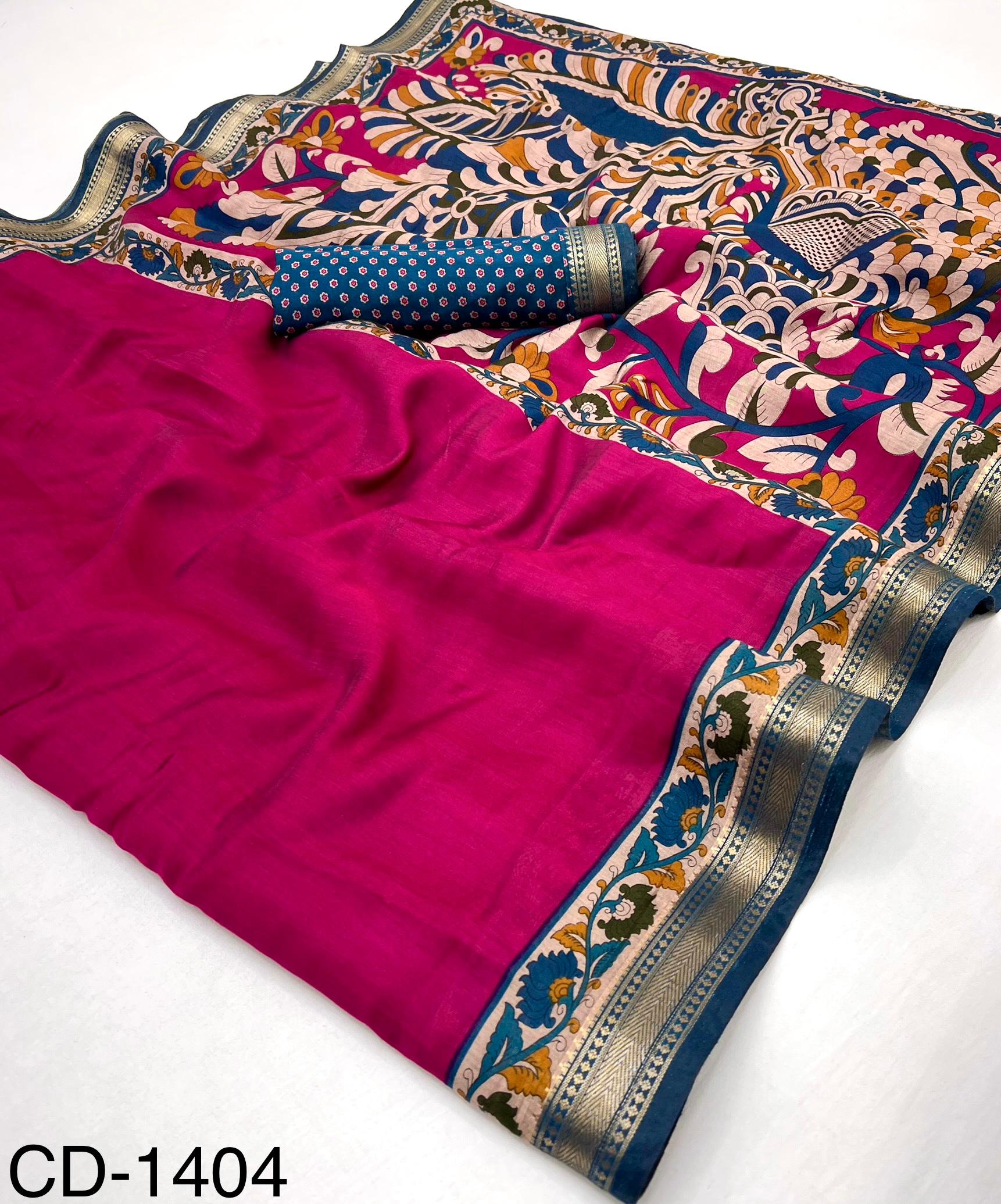 RajYog Chandrama Soft Mul Cotton Saree with Kalamkari Pallu & Zari Border - 4 Pcs Set