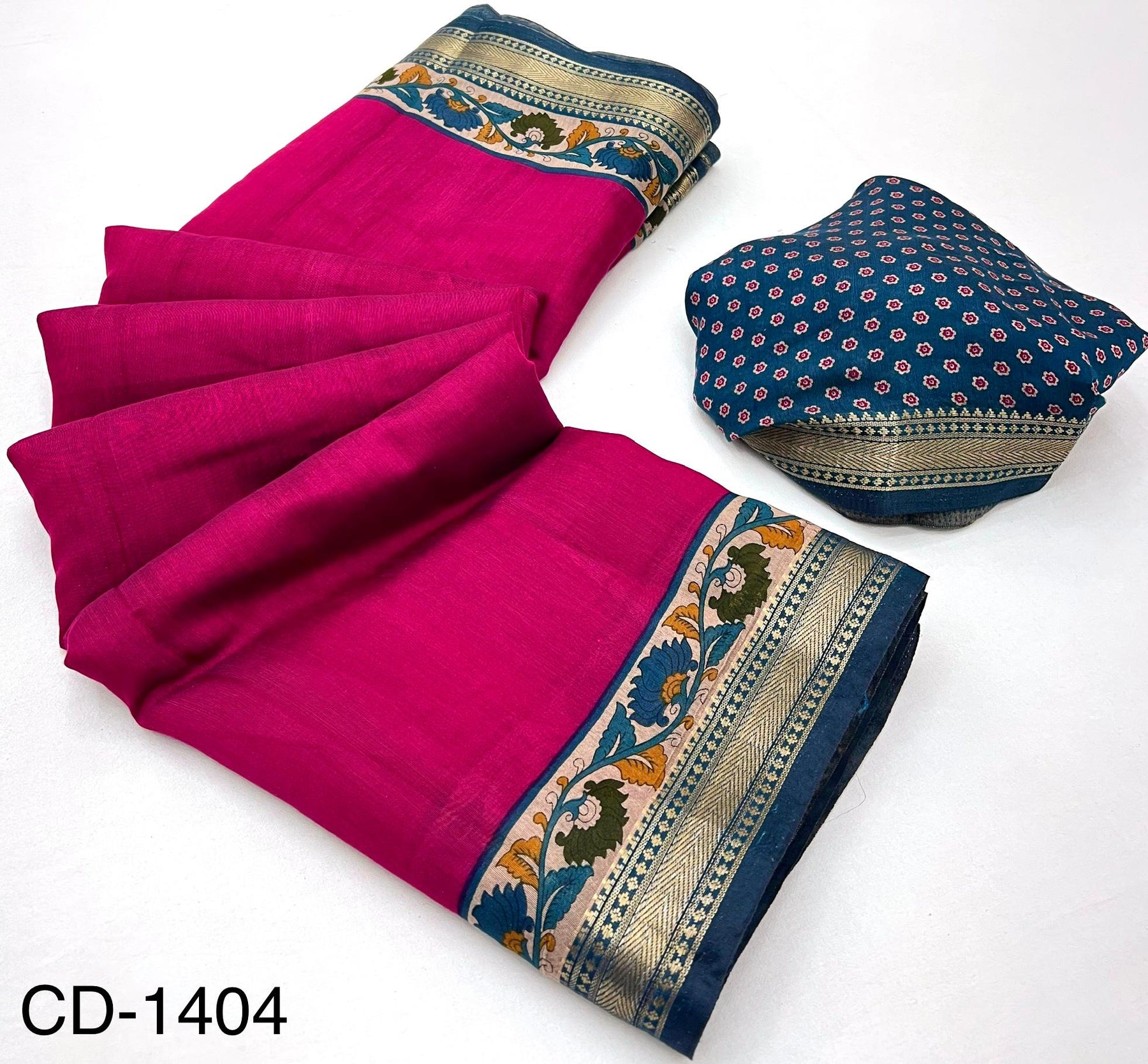 RajYog Chandrama Soft Mul Cotton Saree with Kalamkari Pallu & Zari Border - 4 Pcs Set
