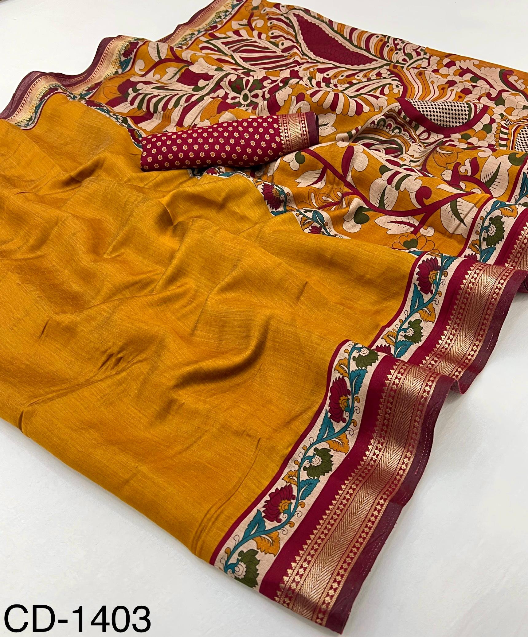 RajYog Chandrama Soft Mul Cotton Saree with Kalamkari Pallu & Zari Border - 4 Pcs Set