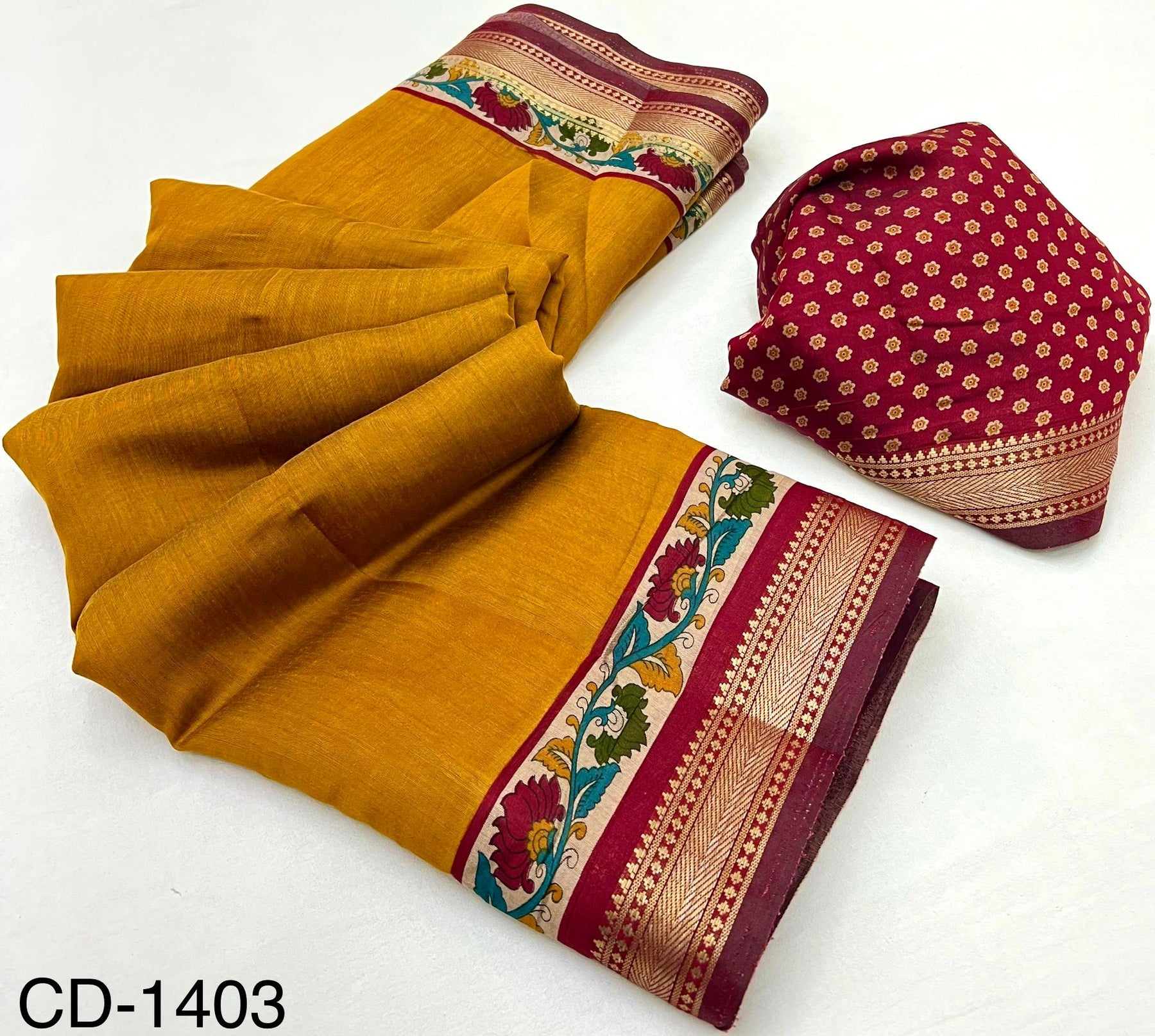 RajYog Chandrama Soft Mul Cotton Saree with Kalamkari Pallu & Zari Border - 4 Pcs Set