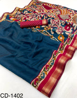 RajYog Chandrama Soft Mul Cotton Saree with Kalamkari Pallu & Zari Border - 4 Pcs Set