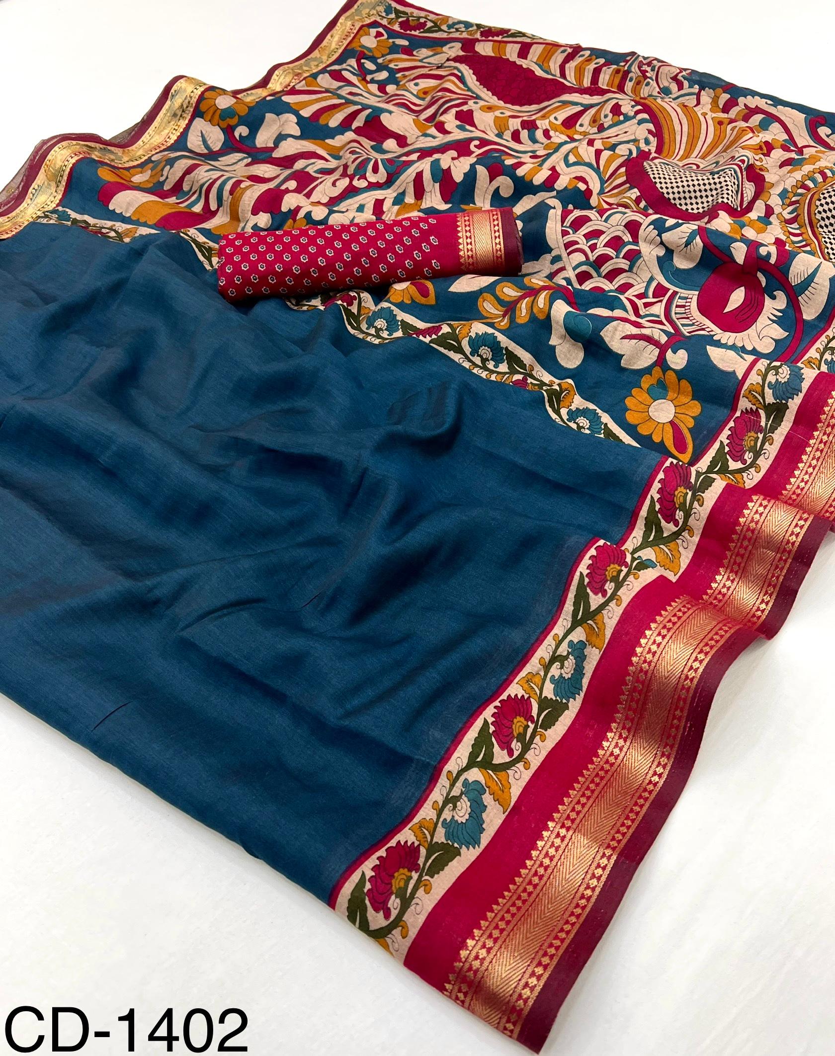 RajYog Chandrama Soft Mul Cotton Saree with Kalamkari Pallu & Zari Border - 4 Pcs Set