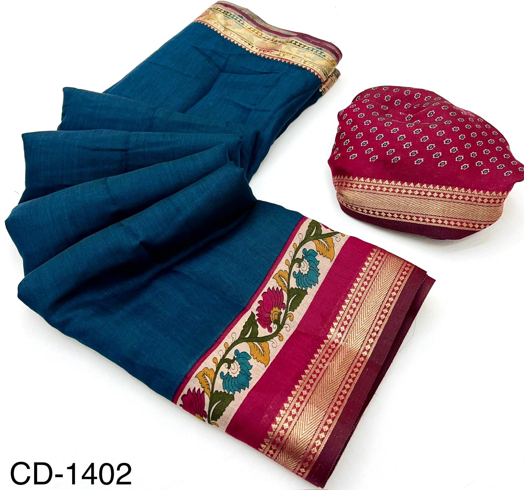 RajYog Chandrama Soft Mul Cotton Saree with Kalamkari Pallu & Zari Border - 4 Pcs Set