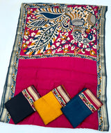 RajYog Chandrama Soft Mul Cotton Saree with Kalamkari Pallu & Zari Border - 4 Pcs Set