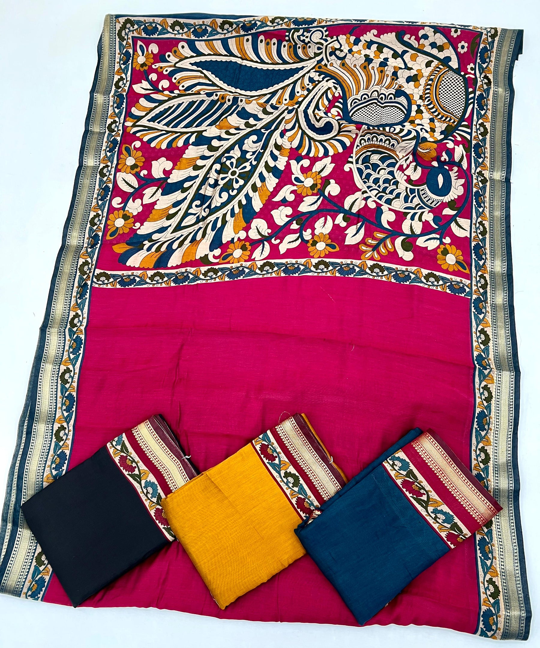 RajYog Chandrama Soft Mul Cotton Saree with Kalamkari Pallu & Zari Border - 4 Pcs Set