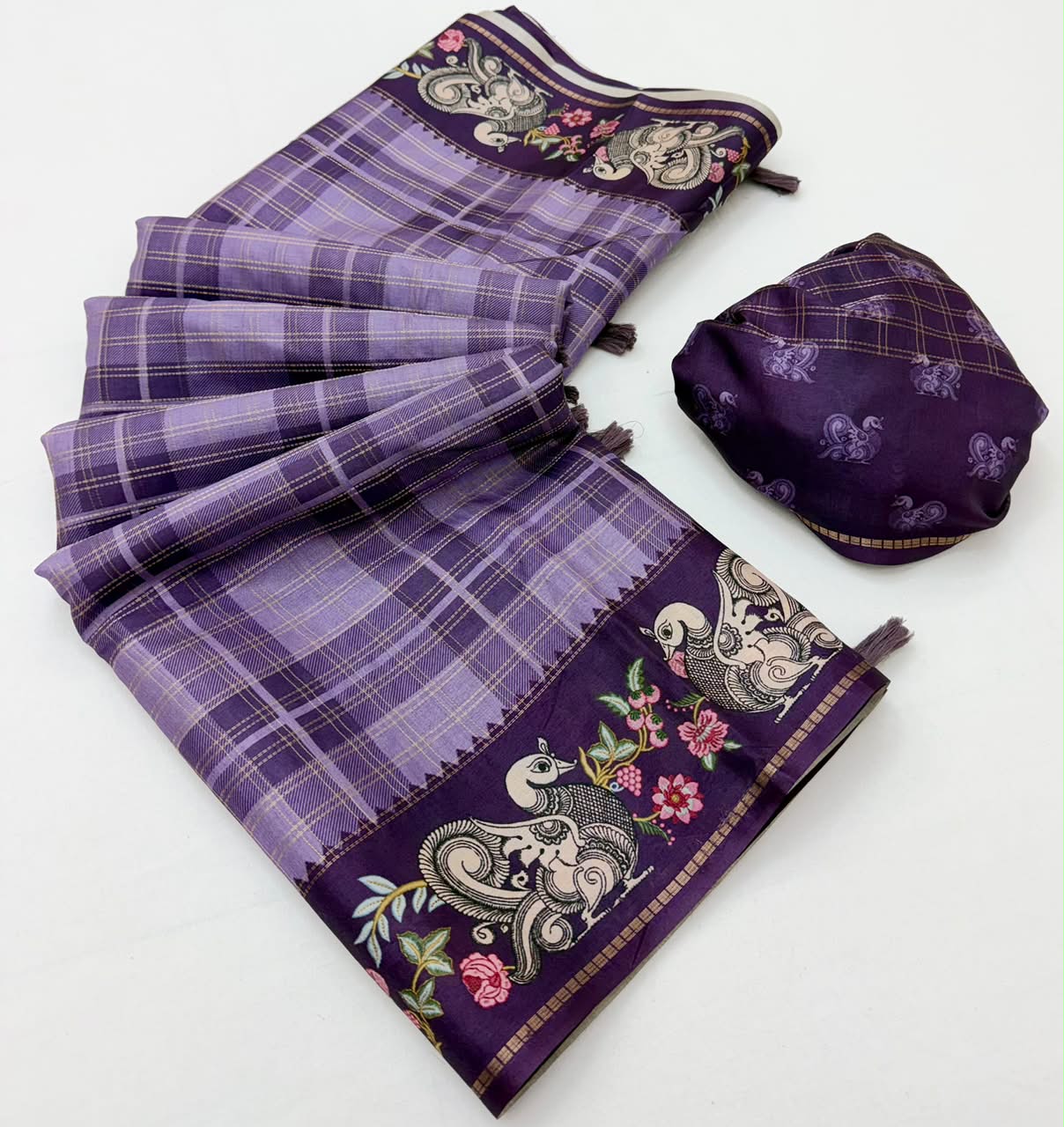 Charvi Tusser Saree with Kalamkari Pallu & Zari Checks- 6 Pcs Set.