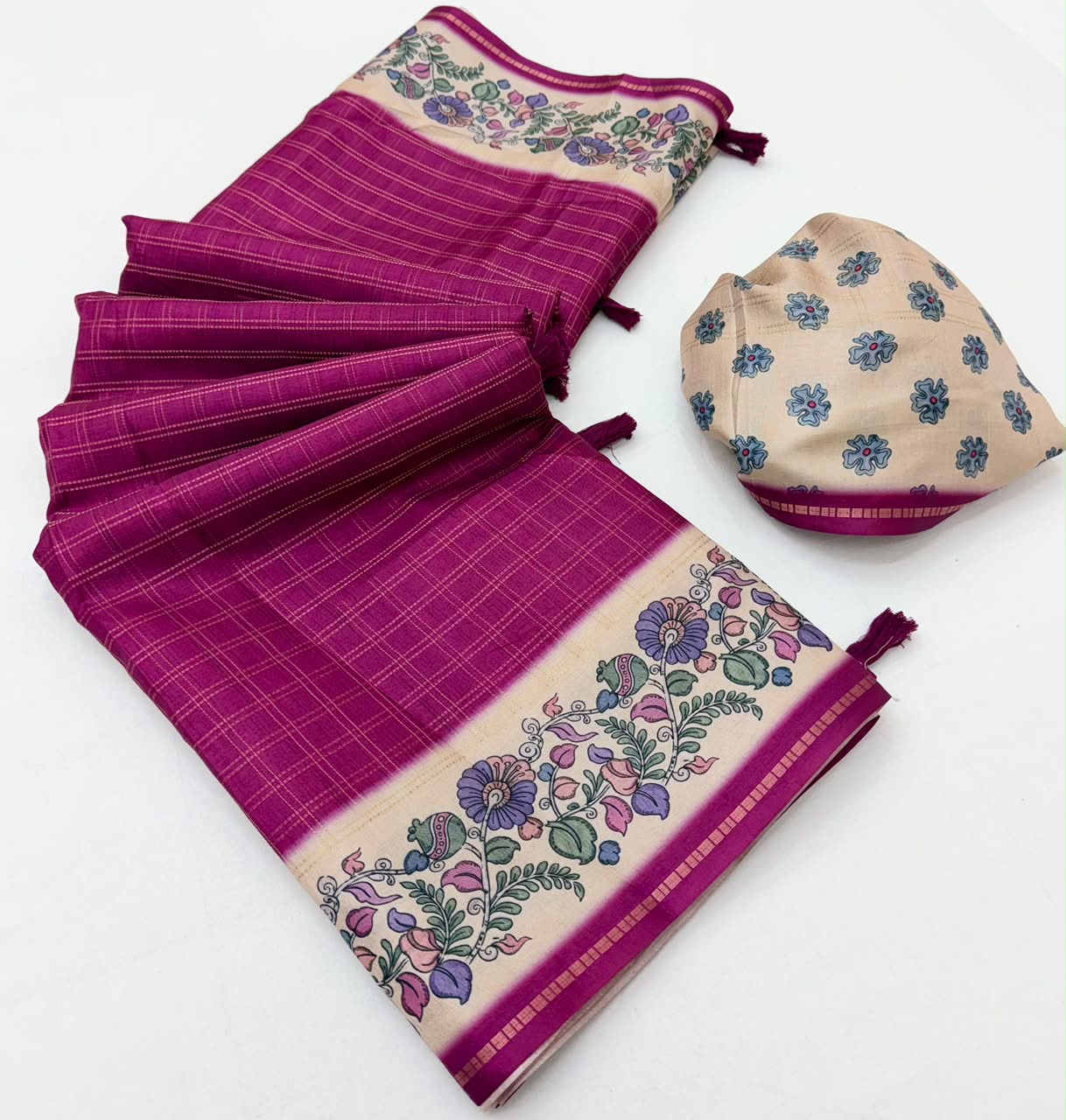 Charvi Tusser Saree with Kalamkari Pallu-6 Pcs Set.
