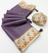 Chhavi Tusser Saree - Soft Tusser with Zari Checks & Tassels-4 Pcs Set.