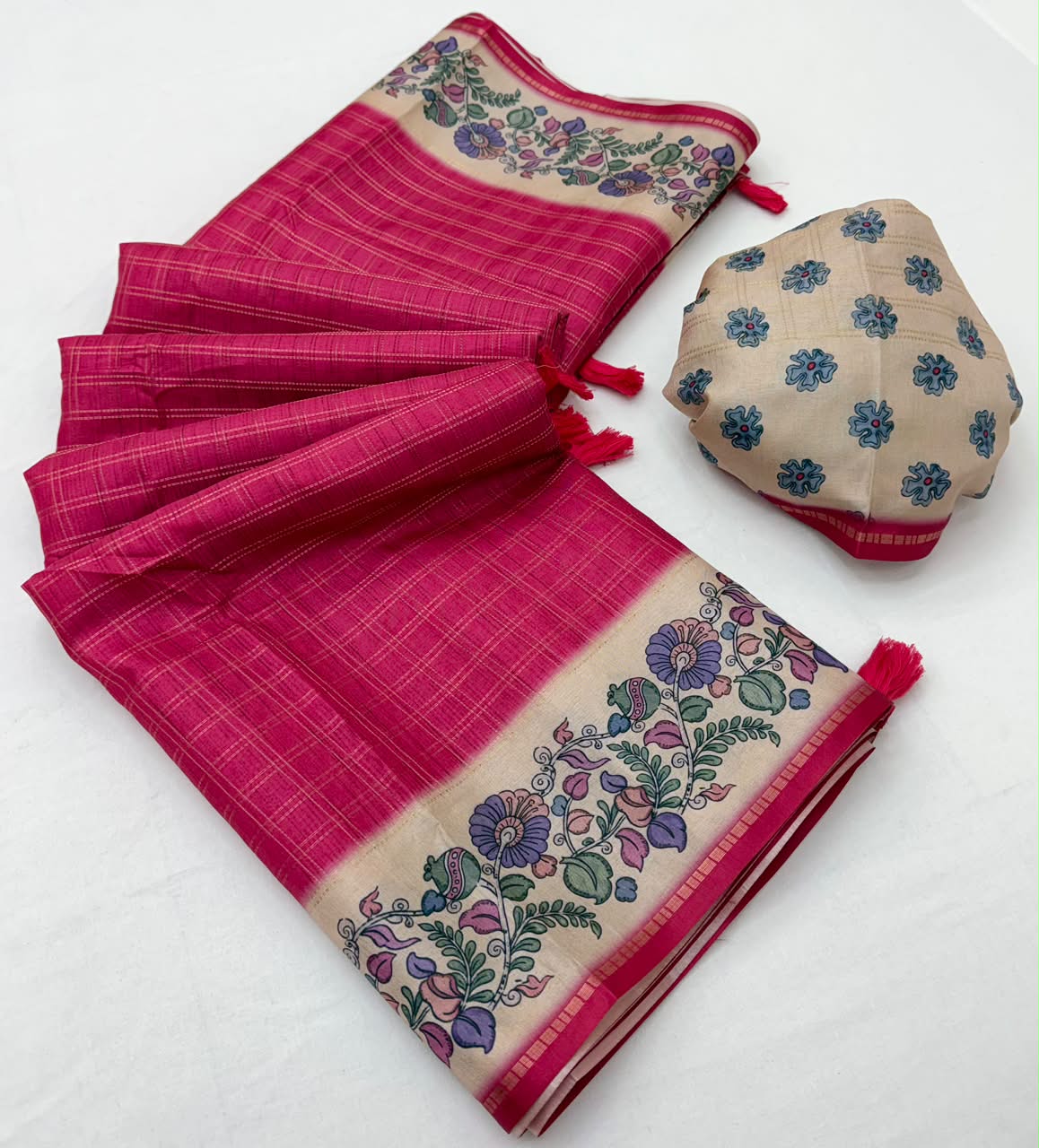 Charvi Tusser Saree with Kalamkari Pallu-6 Pcs Set.