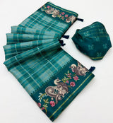 Charvi Tusser Saree with Kalamkari Pallu & Zari Checks- 6 Pcs Set.