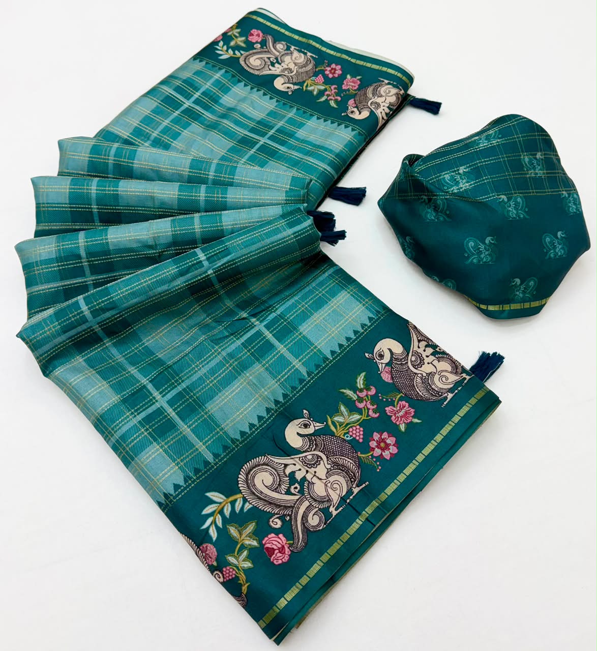 Charvi Tusser Saree with Kalamkari Pallu & Zari Checks- 6 Pcs Set.