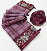 Charvi Tusser Saree with Kalamkari Pallu & Zari Checks- 6 Pcs Set.