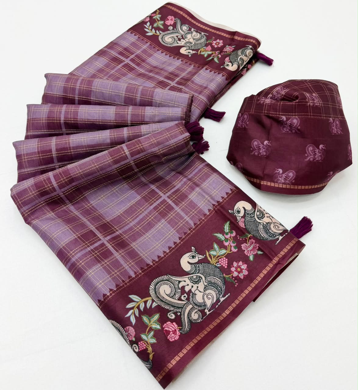 Charvi Tusser Saree with Kalamkari Pallu & Zari Checks- 6 Pcs Set.