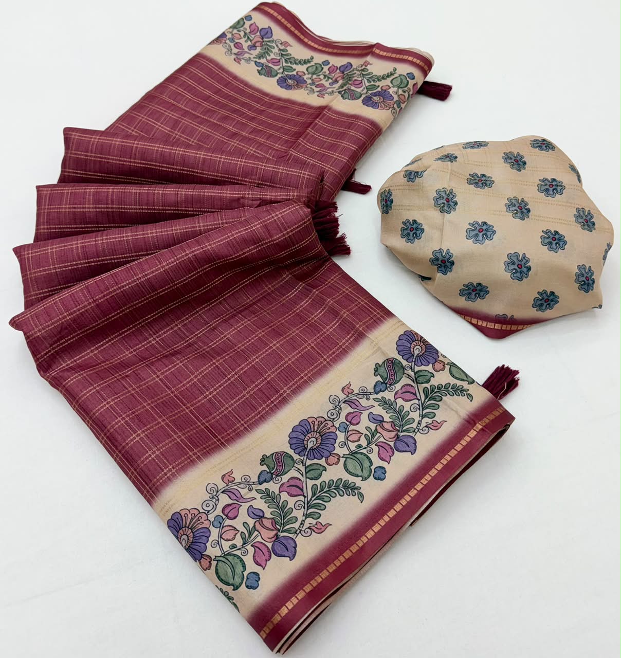 Charvi Tusser Saree with Kalamkari Pallu-6 Pcs Set.