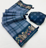 Charvi Tusser Saree with Kalamkari Pallu & Zari Checks- 6 Pcs Set.