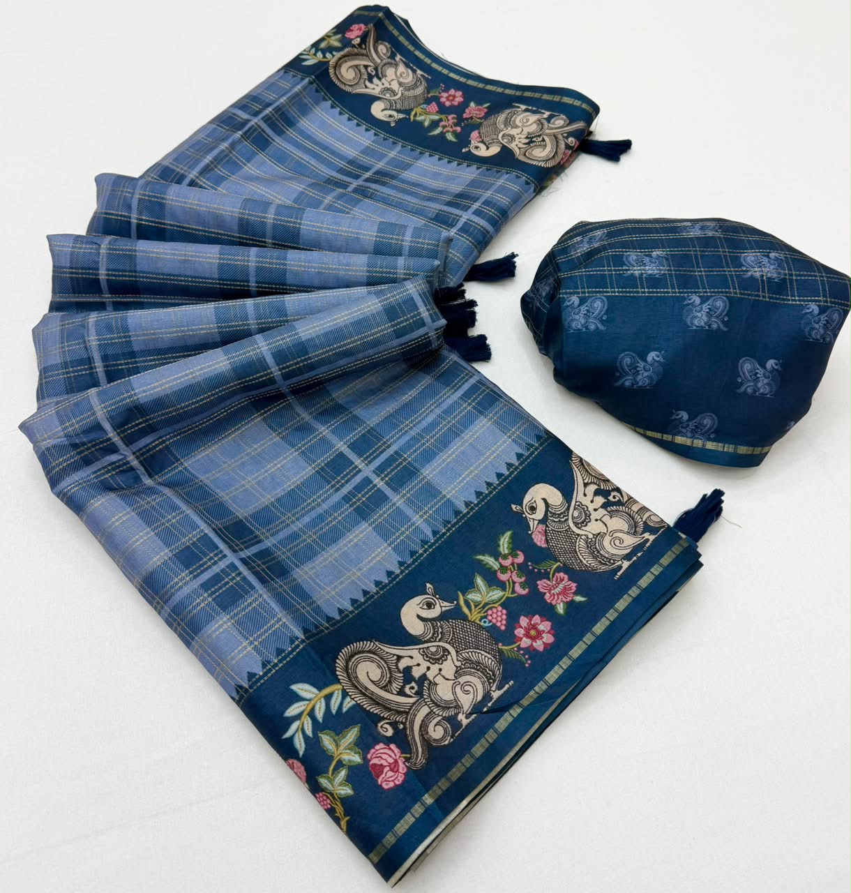 Charvi Tusser Saree with Kalamkari Pallu & Zari Checks- 6 Pcs Set.
