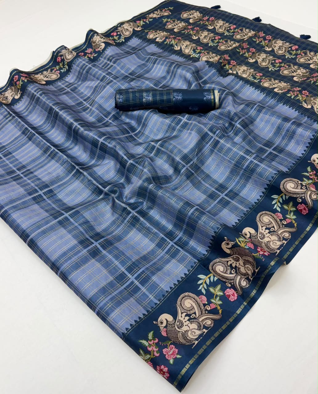 Charvi Tusser Saree with Kalamkari Pallu & Zari Checks- 6 Pcs Set.