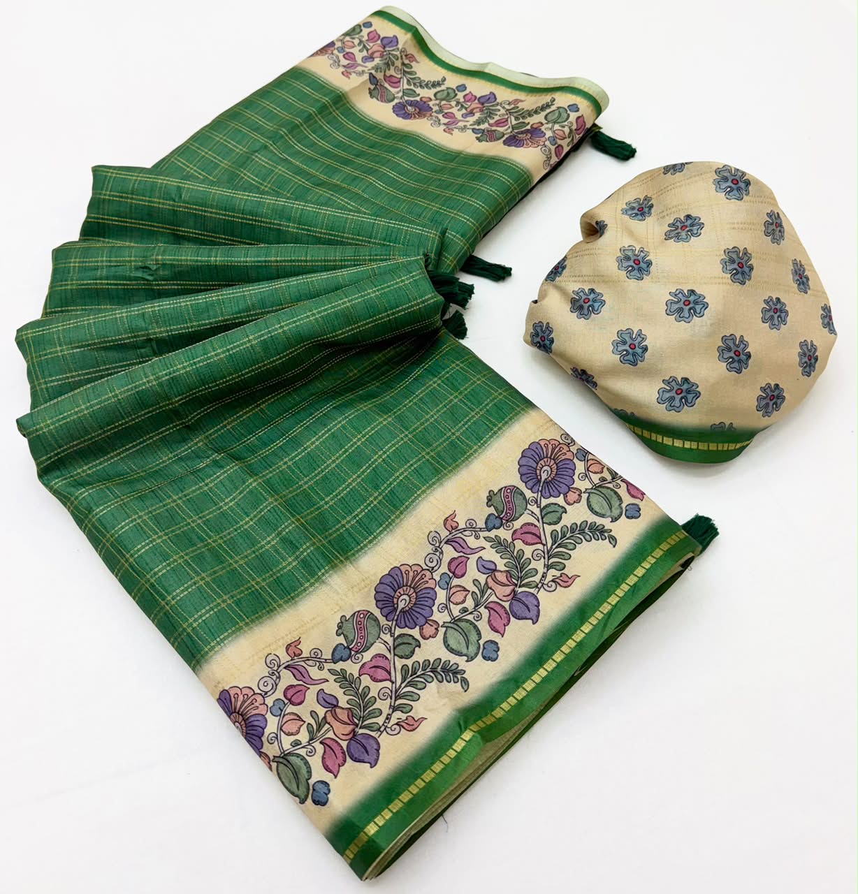 Charvi Tusser Saree with Kalamkari Pallu-6 Pcs Set.