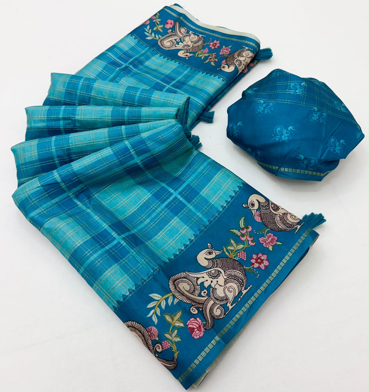 Charvi Tusser Saree with Kalamkari Pallu & Zari Checks- 6 Pcs Set.