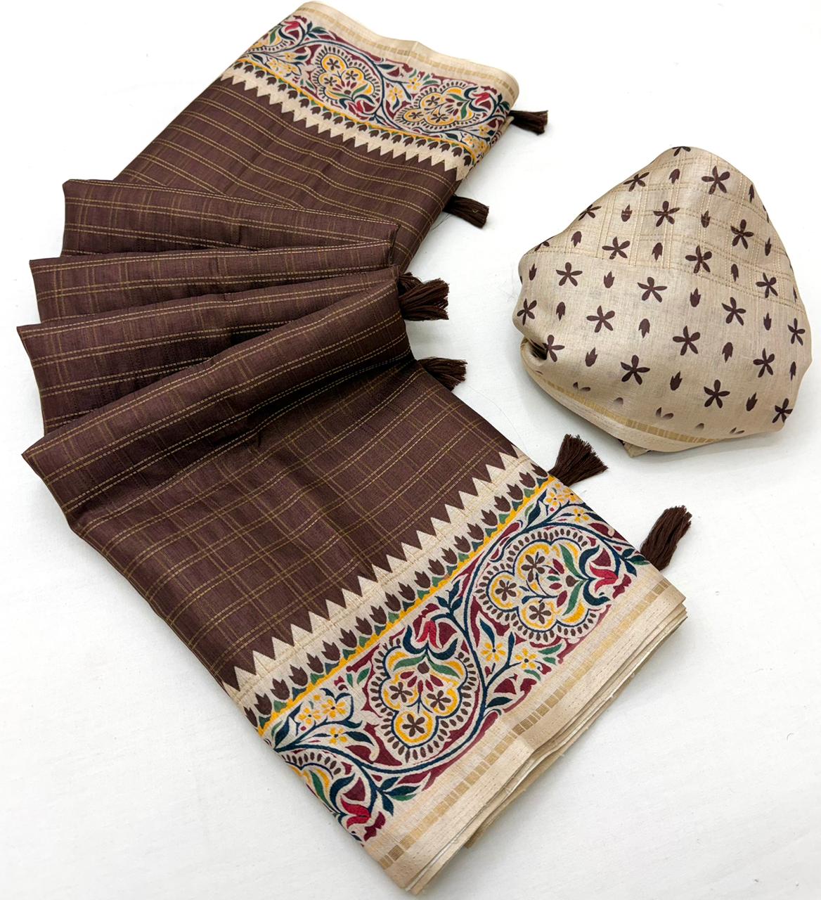 Kazari Series Charvi Tusser Saree with Zari Checks & Tassels