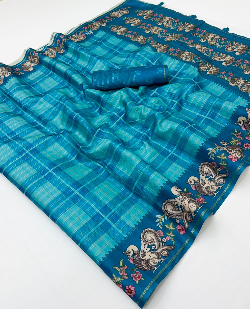 Charvi Tusser Saree with Kalamkari Pallu & Zari Checks- 6 Pcs Set.