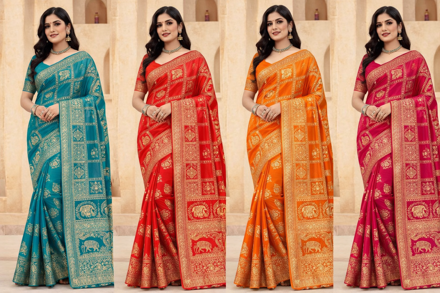Silk Festival Elephant Motif Banarasi Silk Saree Set (4 Pcs) – Heavy Zari Wedding Collection-M.R. Saree Emporium
