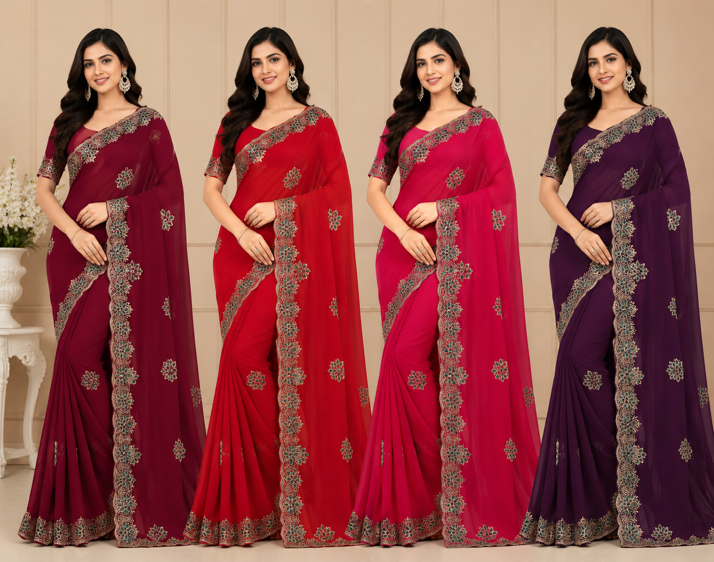 Heavy Embroidered Georgette Saree Set with Designer Border (4 Colors) Wedding & Party Wear - M.R. Saree Emporium