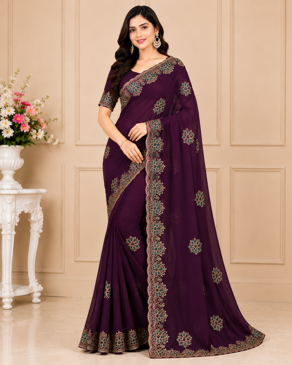 Heavy Embroidered Georgette Saree Set with Designer Border (4 Colors) Wedding & Party Wear - M.R. Saree Emporium